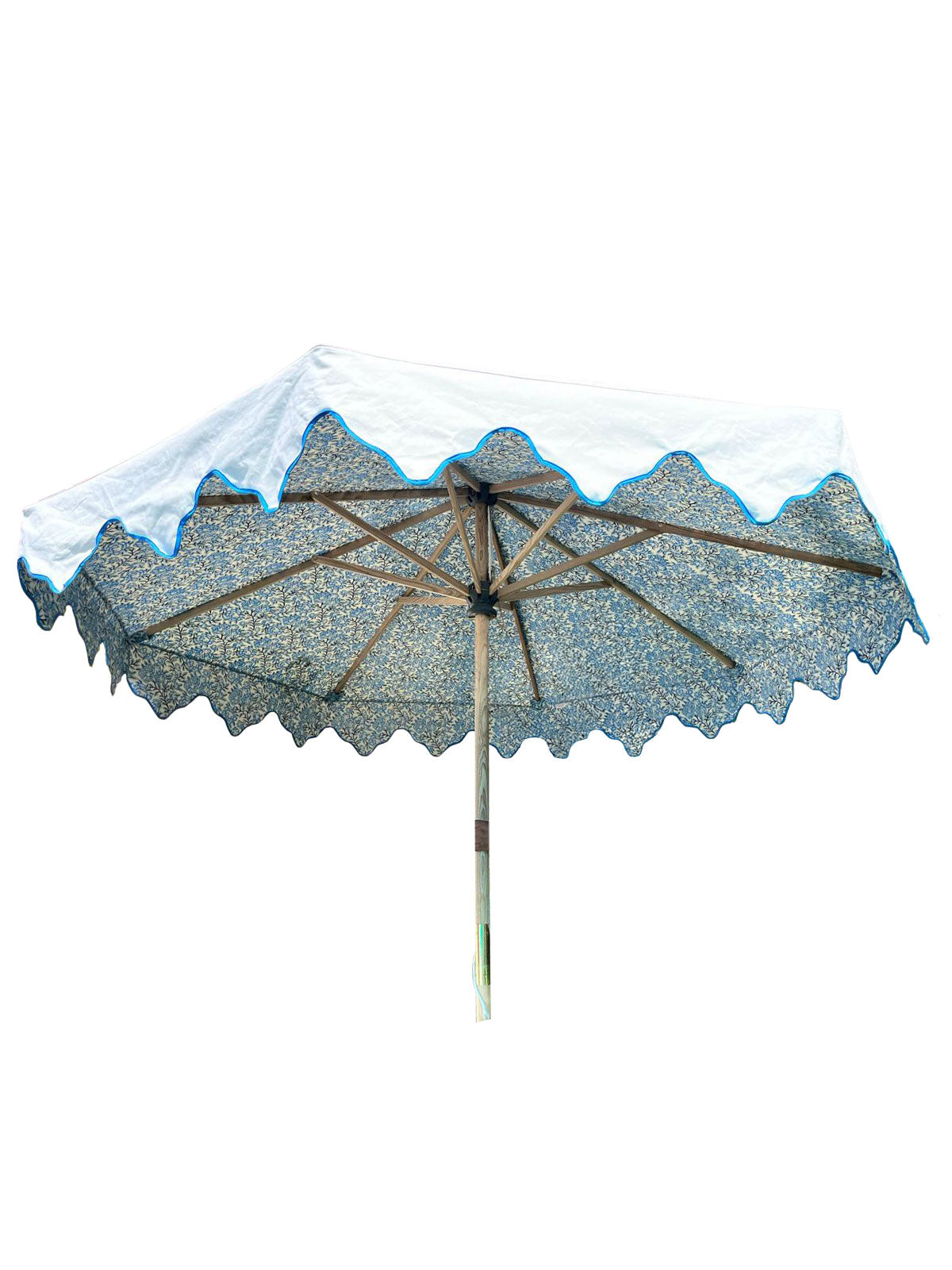 blue floral patio umbrella Delphine Traditional Wooden Octagonal Parasol (Blue Floral Motif) – Love Parasols