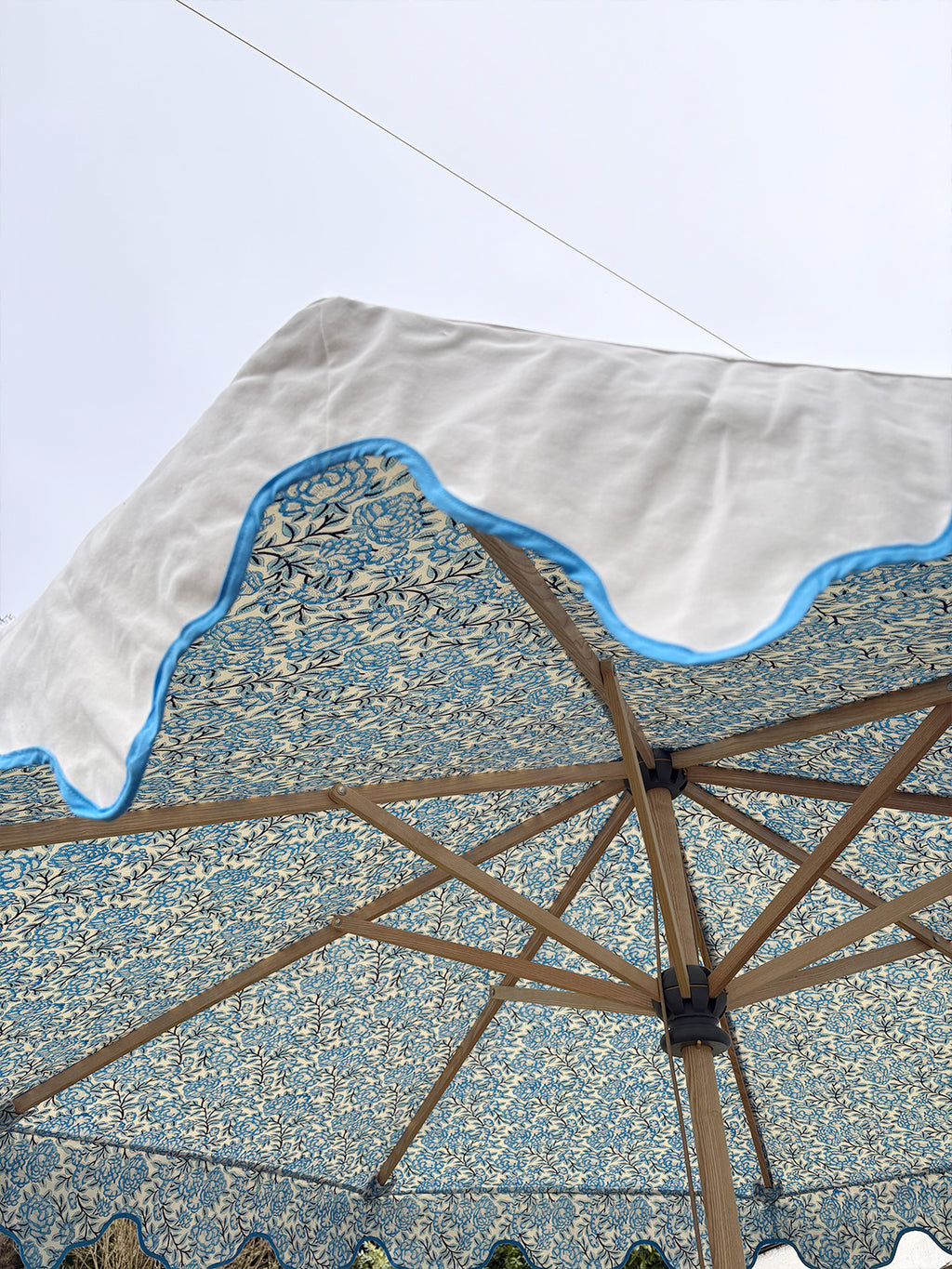 Delphine Traditional Wooden Octagonal Parasol (Blue Floral Motif)