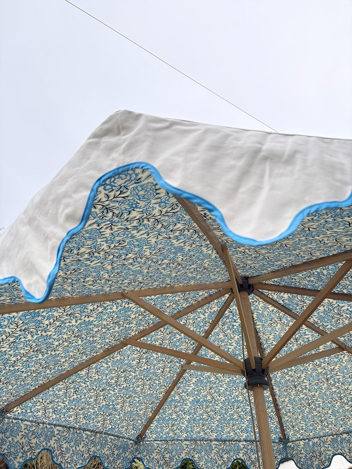Delphine Traditional Wooden Octagonal Parasol (Blue Floral Motif)
