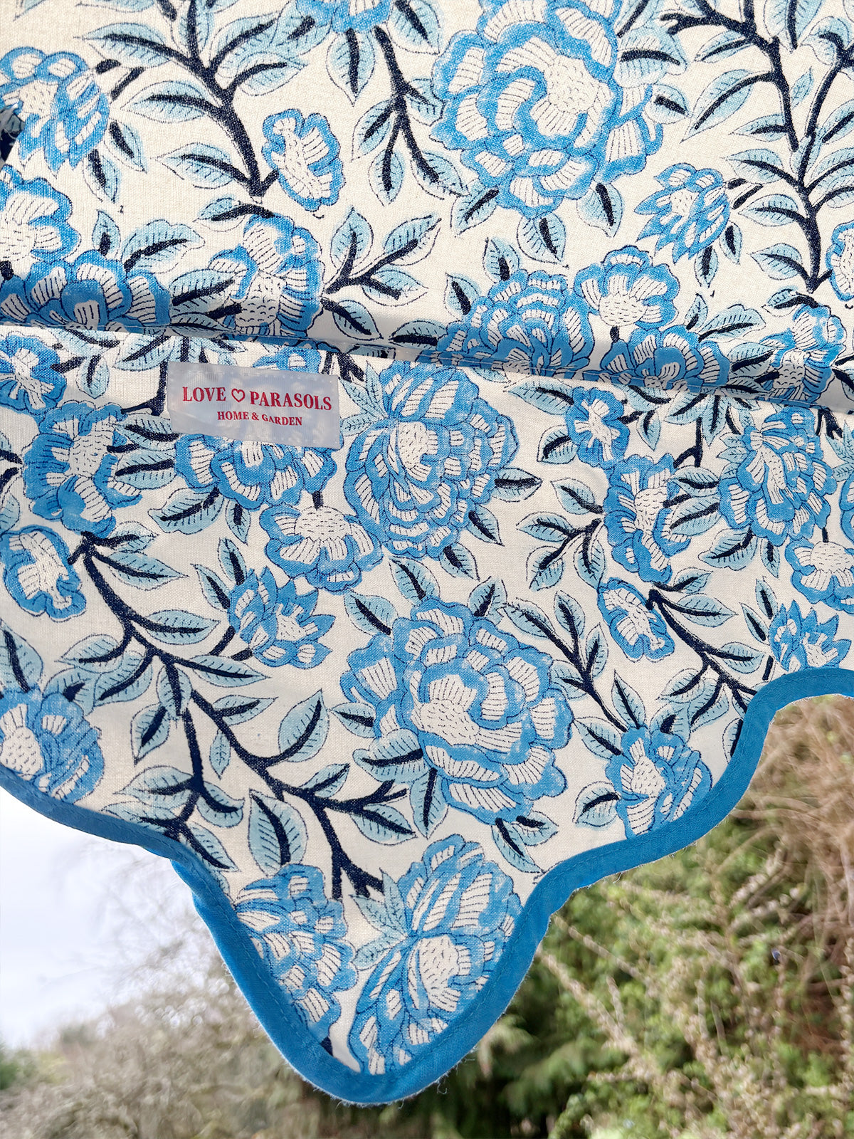 Delphine Traditional Wooden Octagonal Parasol (Blue Floral Motif)