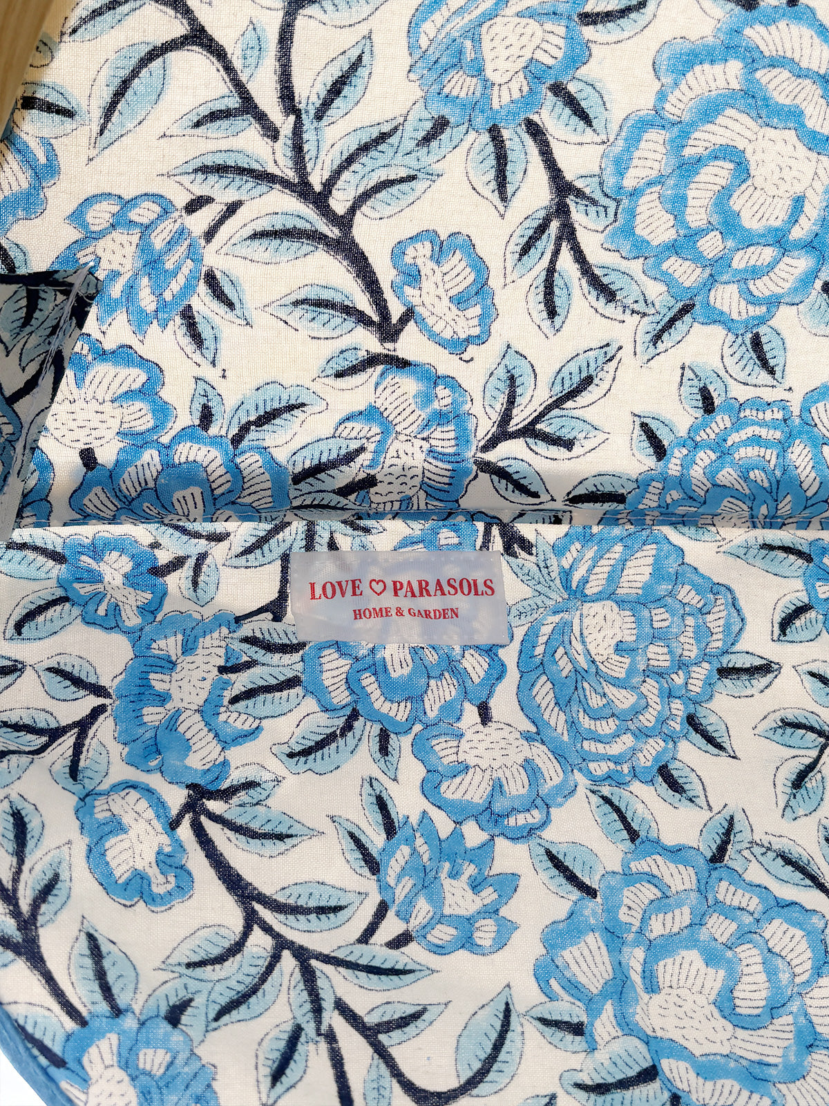 Delphine Traditional Wooden Octagonal Parasol (Blue Floral Motif)