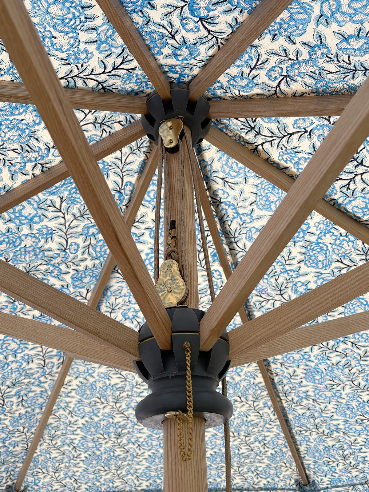 Delphine Traditional Wooden Octagonal Parasol (Blue Floral Motif)