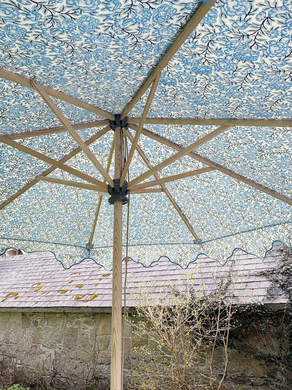 Delphine Traditional Wooden Octagonal Parasol (Blue Floral Motif)