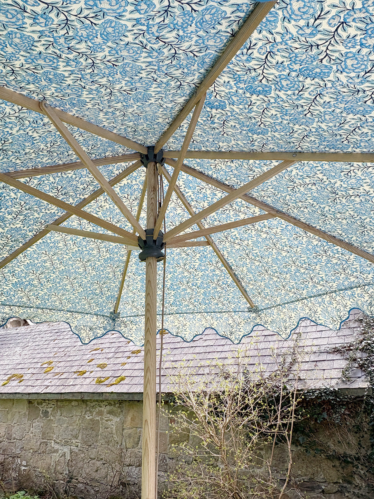 Delphine Traditional Wooden Octagonal Parasol (Blue Floral Motif)
