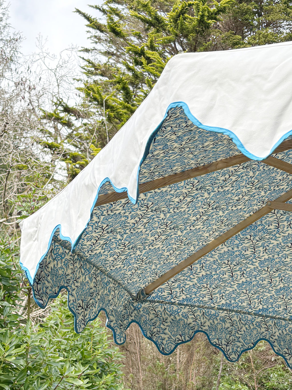 Delphine Traditional Wooden Octagonal Parasol (Blue Floral Motif)