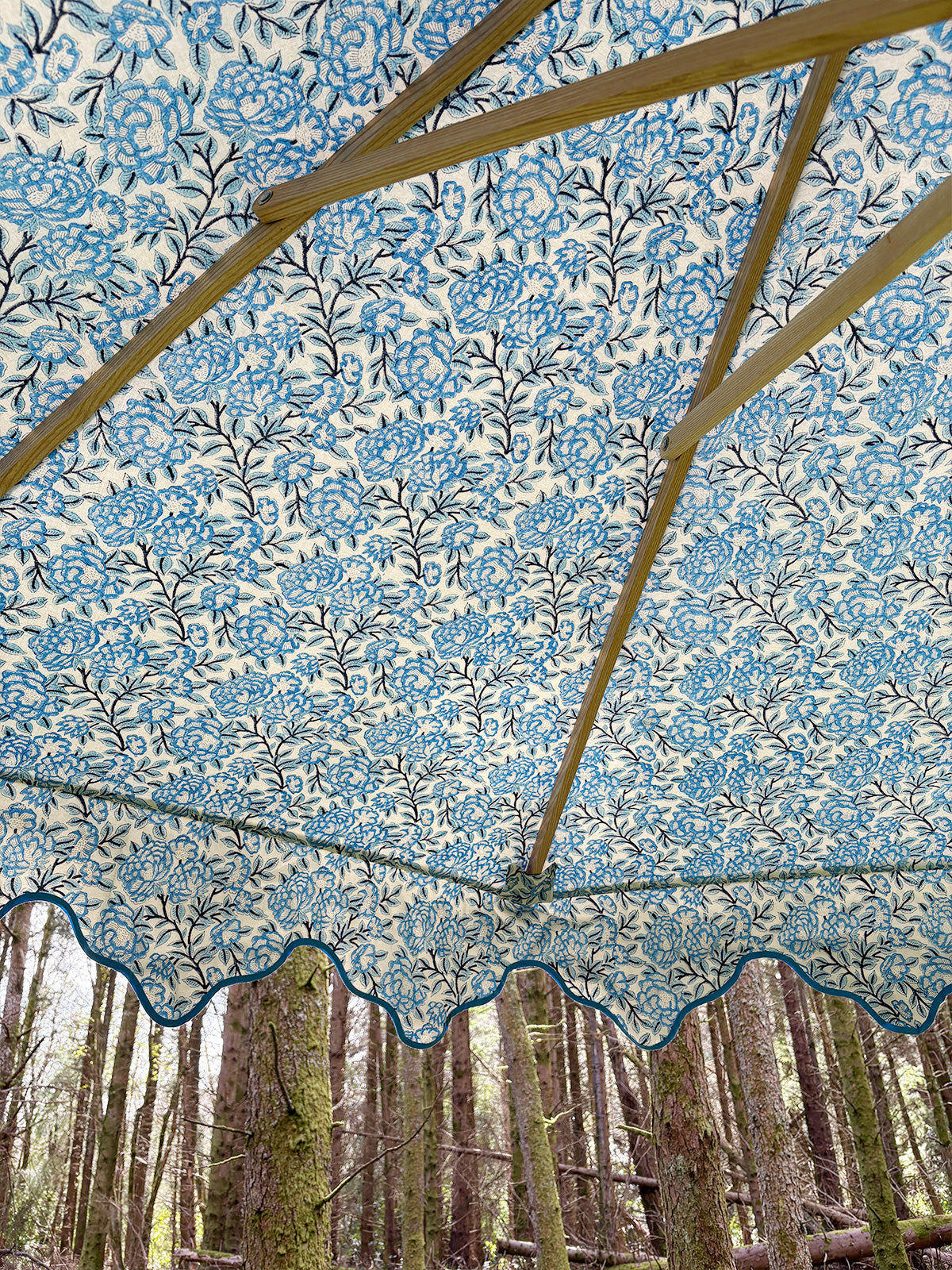Delphine Traditional Wooden Octagonal Parasol (Blue Floral Motif)