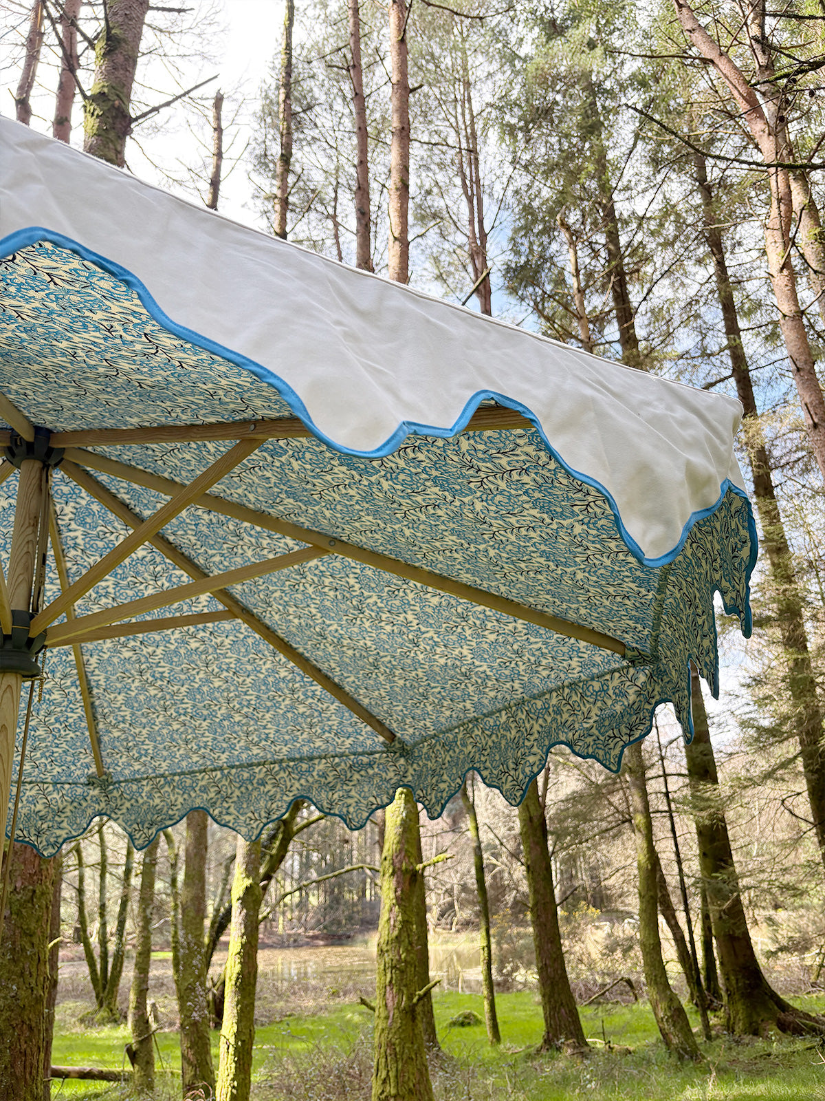 Delphine Traditional Wooden Octagonal Parasol (Blue Floral Motif)