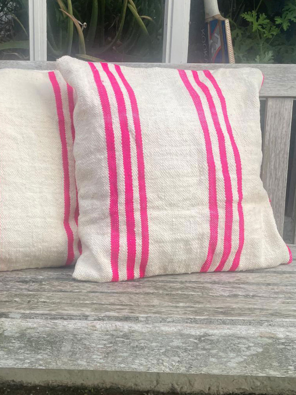 Khutut Handmade Moroccan Berber Cushion - Cream with Fuchsia Stripes (Cover) 49 x 49 cm