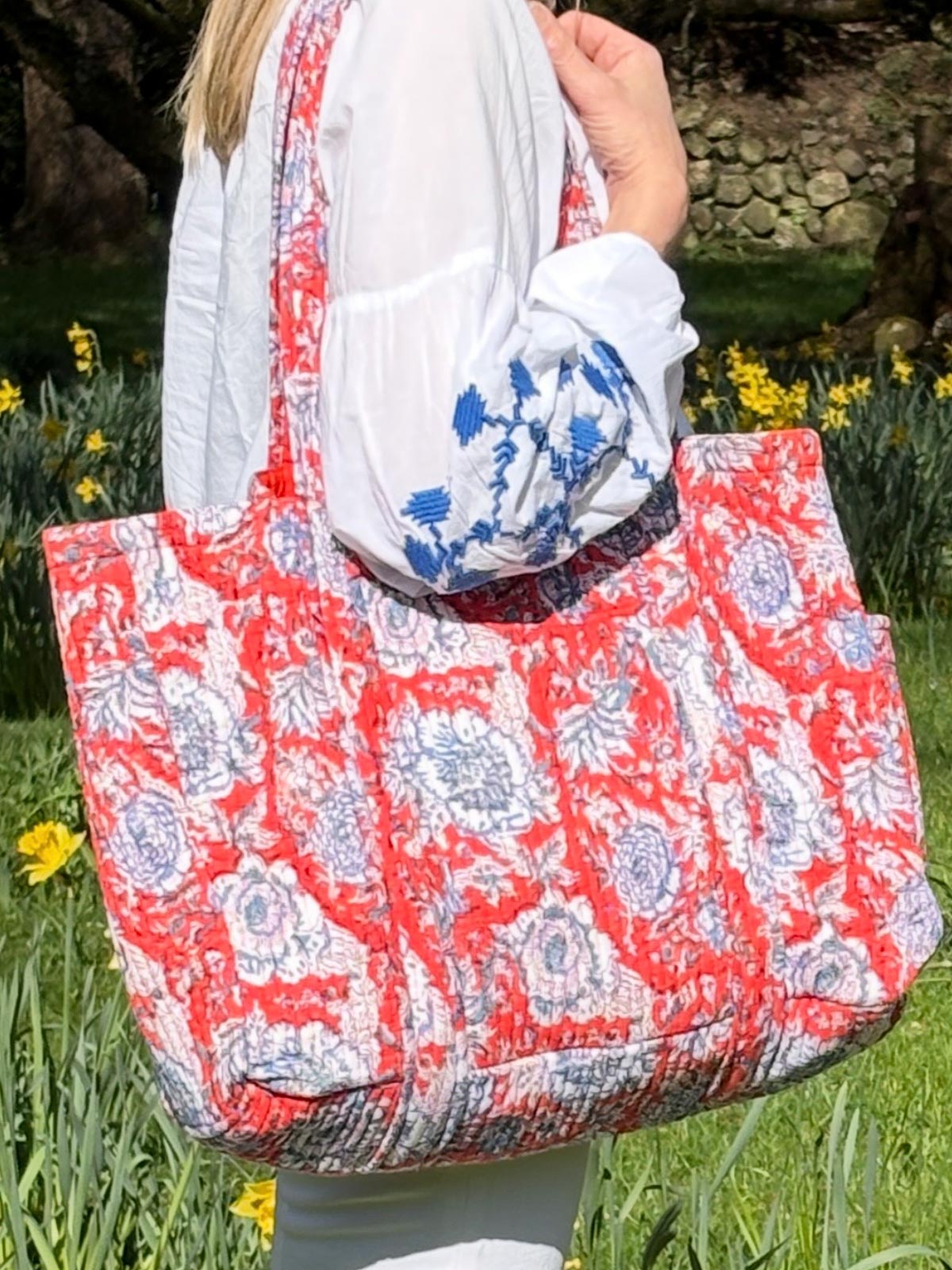 Pushpa Floral Pattern Large Tote Bag in Vermilion 56 x 33 x 24 cm (44 Litres)
