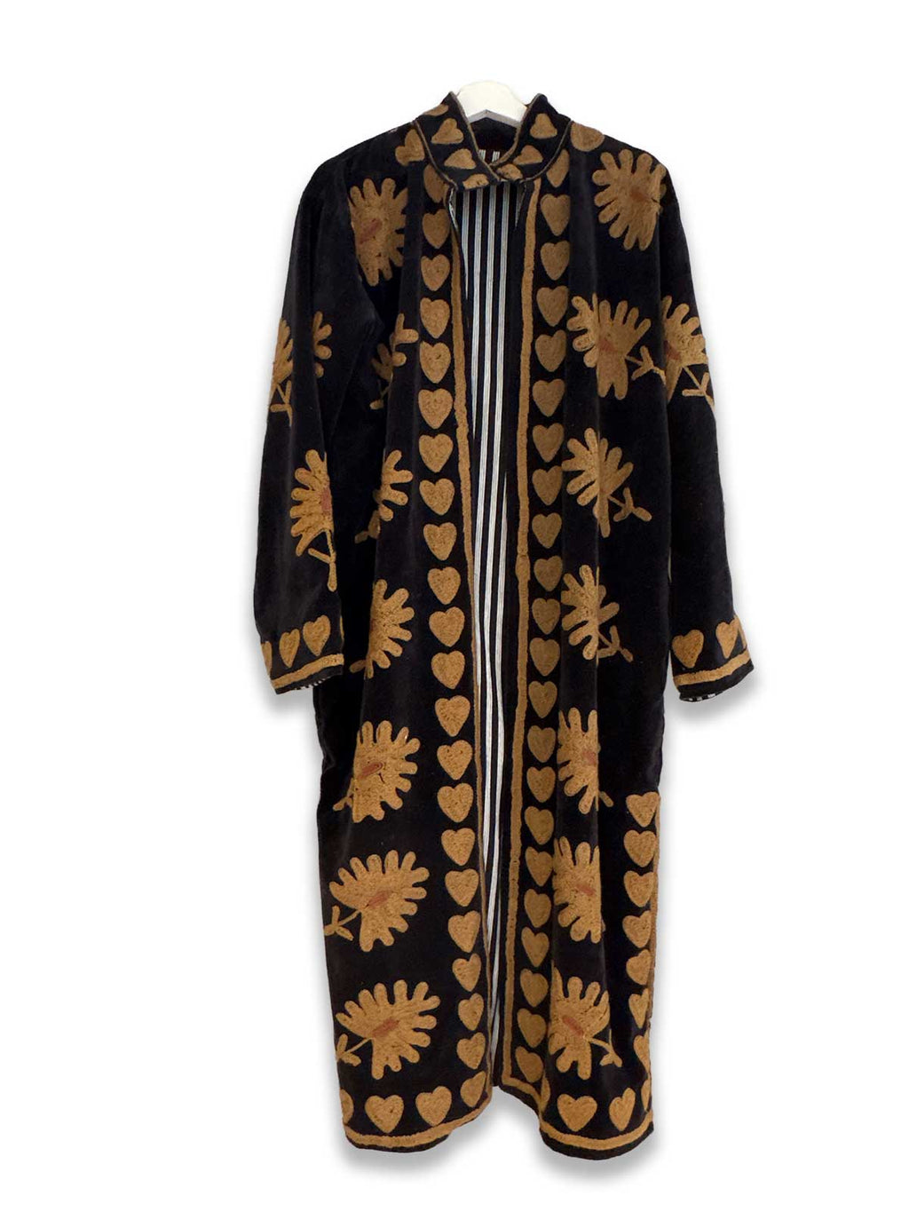Black Long Velvet Suzani Embroidered Womens Coat - Fallow Brown Hearts & Flower Pattern