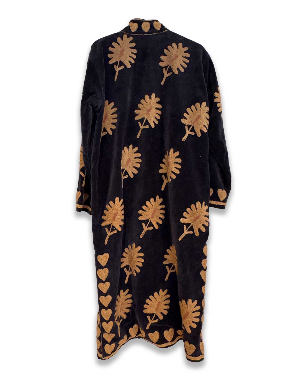 Black Long Velvet Suzani Embroidered Womens Coat - Fallow Brown Hearts & Flower Pattern