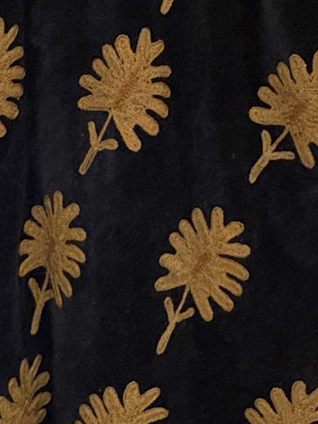 Black Long Velvet Suzani Embroidered Womens Coat - Fallow Brown Hearts & Flower Pattern