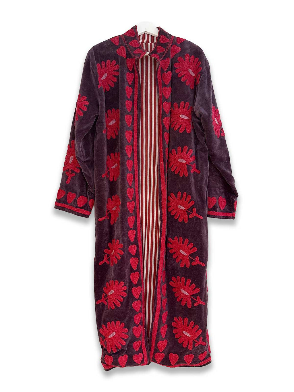 Deep Burgundy Long Velvet Suzani Embroidered Womens Coat - Red & Mauve Flower Motif Pattern