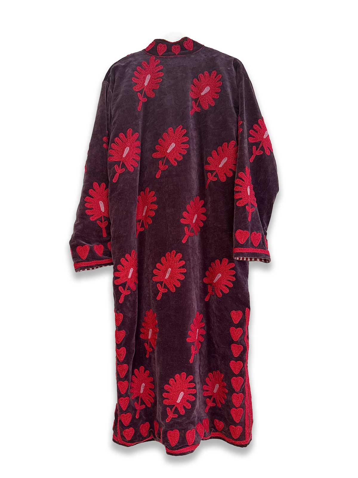 Deep Burgundy Long Velvet Suzani Embroidered Womens Coat - Red & Mauve Flower Motif Pattern