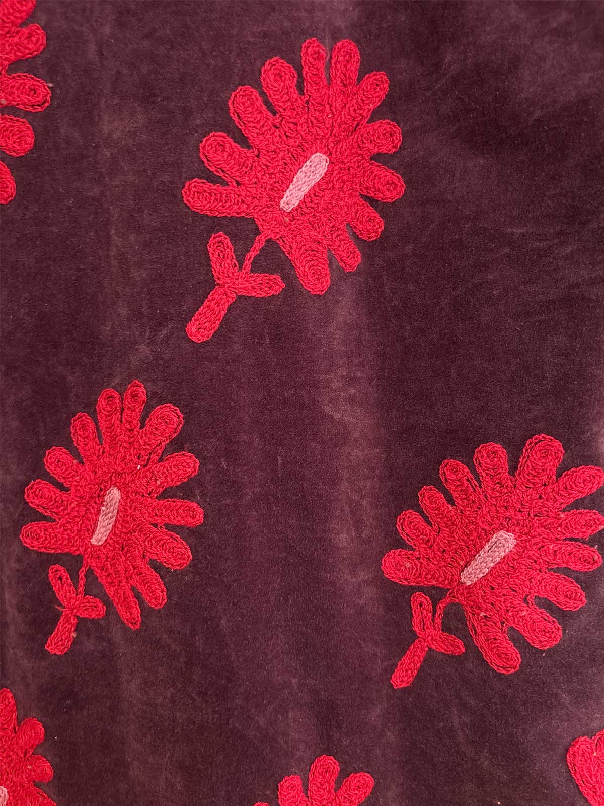 Deep Burgundy Long Velvet Suzani Embroidered Womens Coat - Red & Mauve Flower Motif Pattern