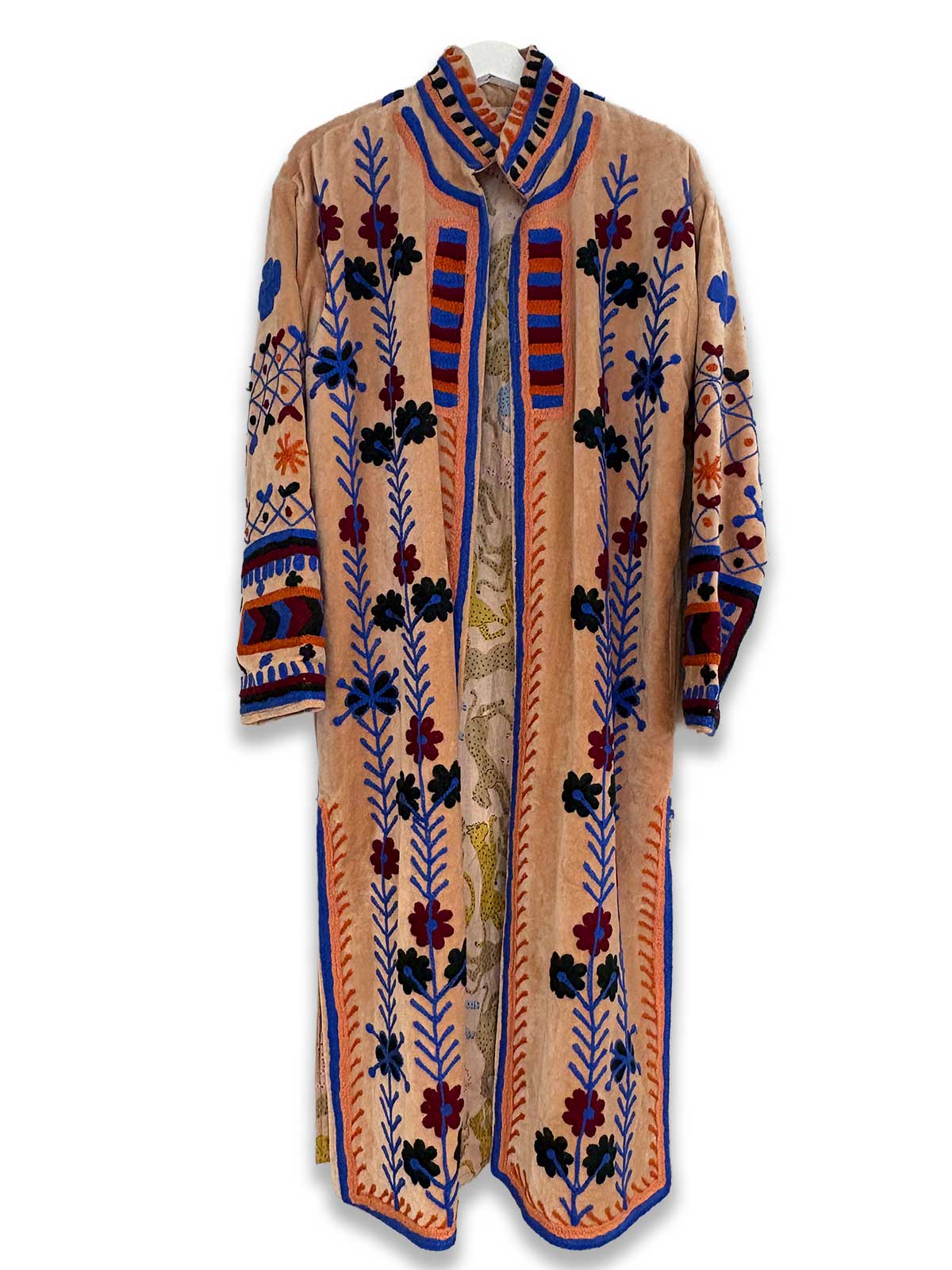Sand Long Velvet Suzani Embroidered Womens Coat - Multi-Colour Pattern - Double Vented