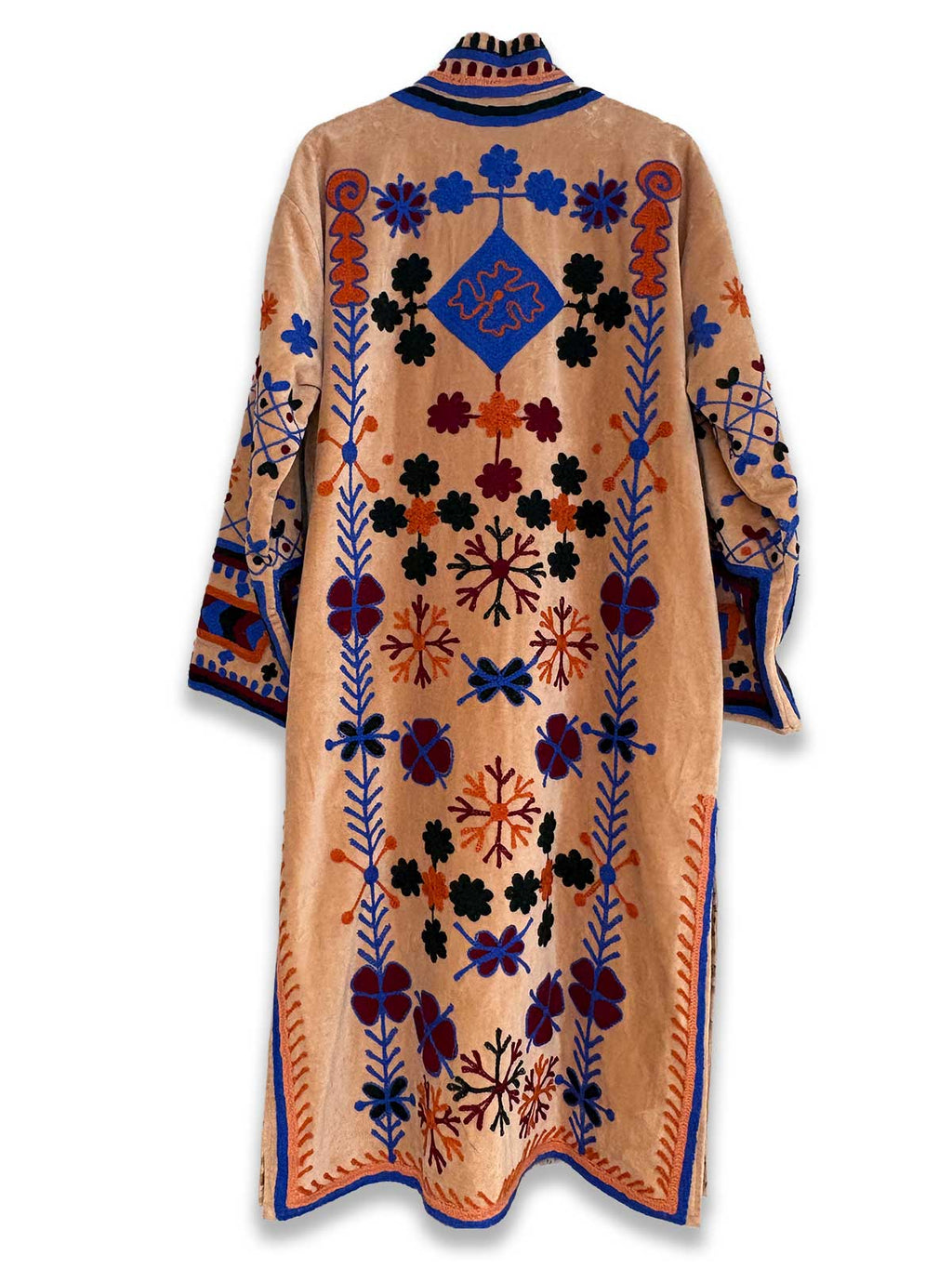 Sand Long Velvet Suzani Embroidered Womens Coat - Multi-Colour Pattern - Double Vented