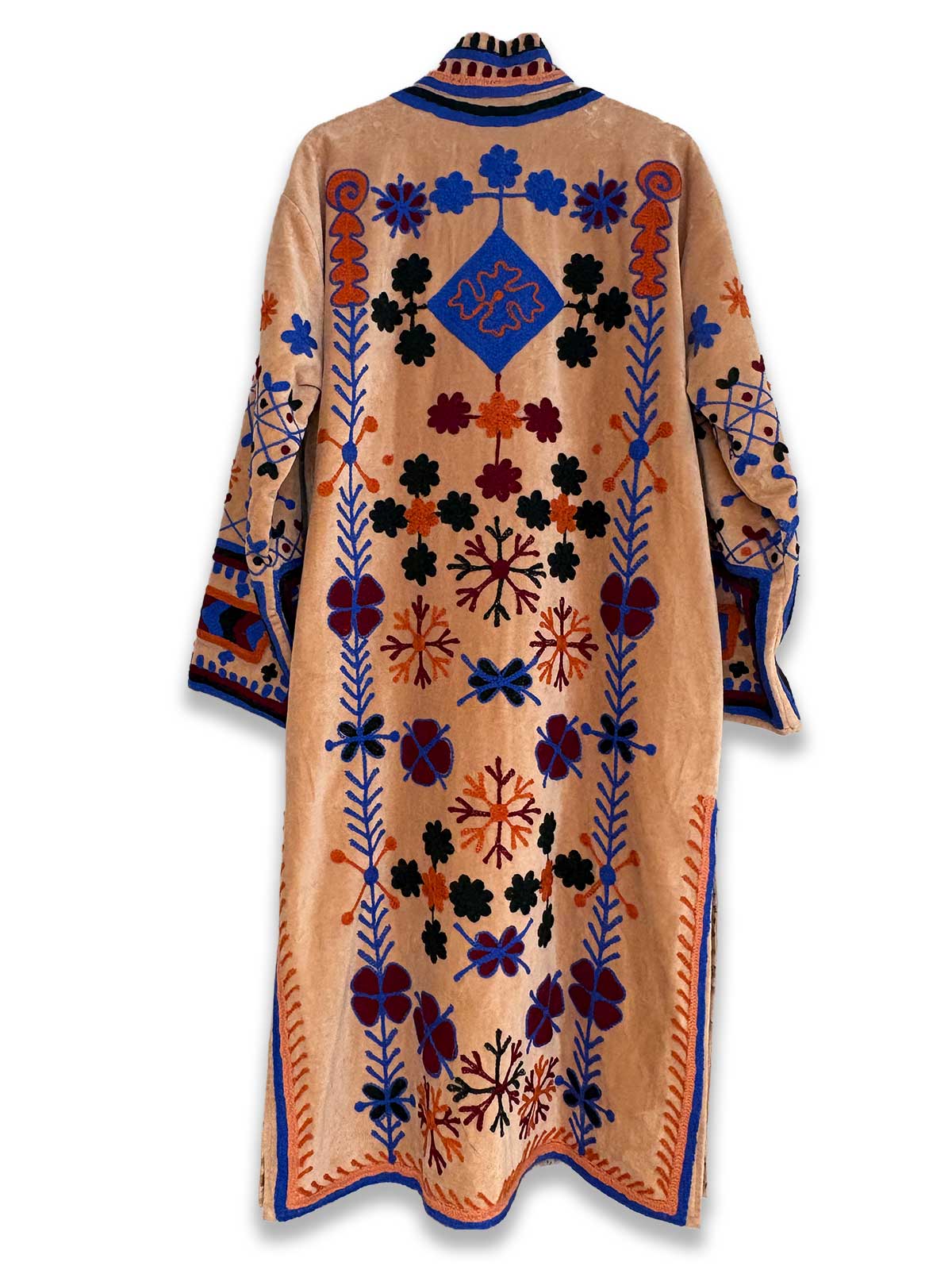 Sand Long Velvet Suzani Embroidered Womens Coat - Multi-Colour Pattern - Double Vented
