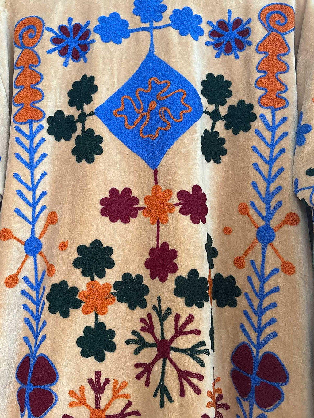 Sand Long Velvet Suzani Embroidered Womens Coat - Multi-Colour Pattern - Double Vented