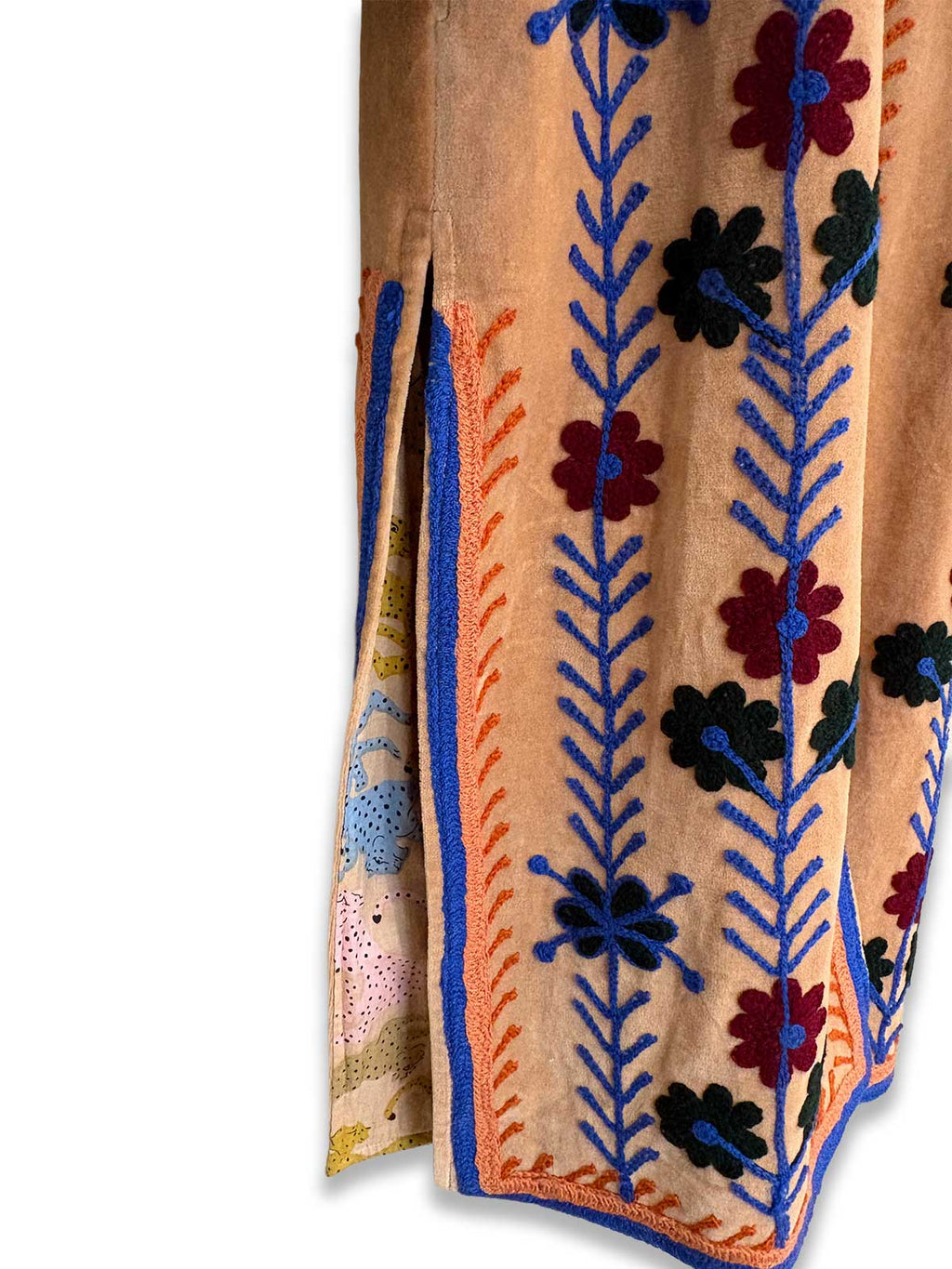 Sand Long Velvet Suzani Embroidered Womens Coat - Multi-Colour Pattern - Double Vented