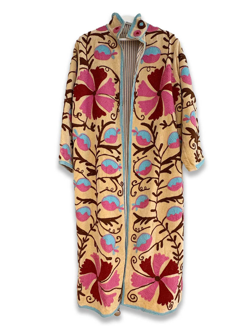 Pale Sand Long Velvet Suzani Embroidered Womens Coat - Light Blue, Pink & Red Pattern
