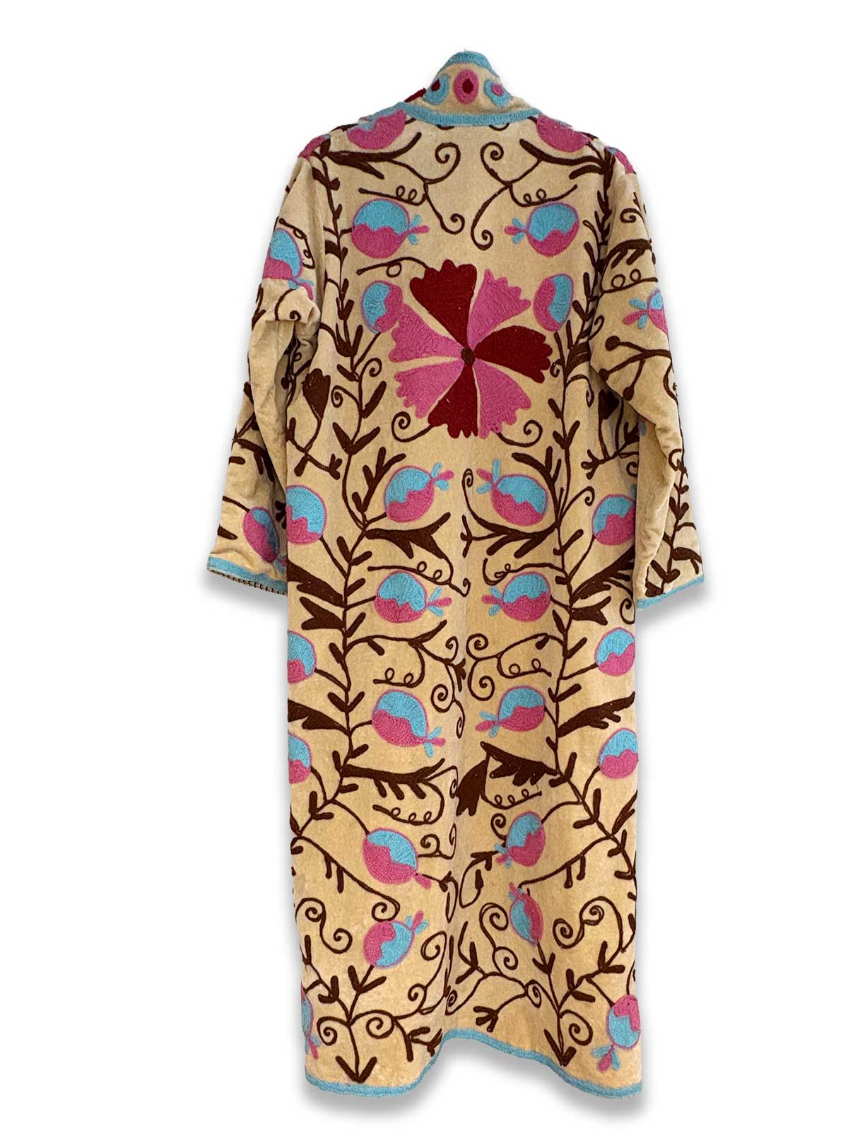 Pale Sand Long Velvet Suzani Embroidered Womens Coat - Light Blue, Pink & Red Pattern