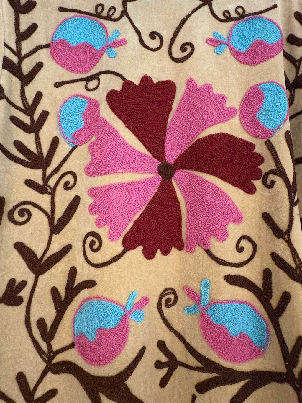 Pale Sand Long Velvet Suzani Embroidered Womens Coat - Light Blue, Pink & Red Pattern