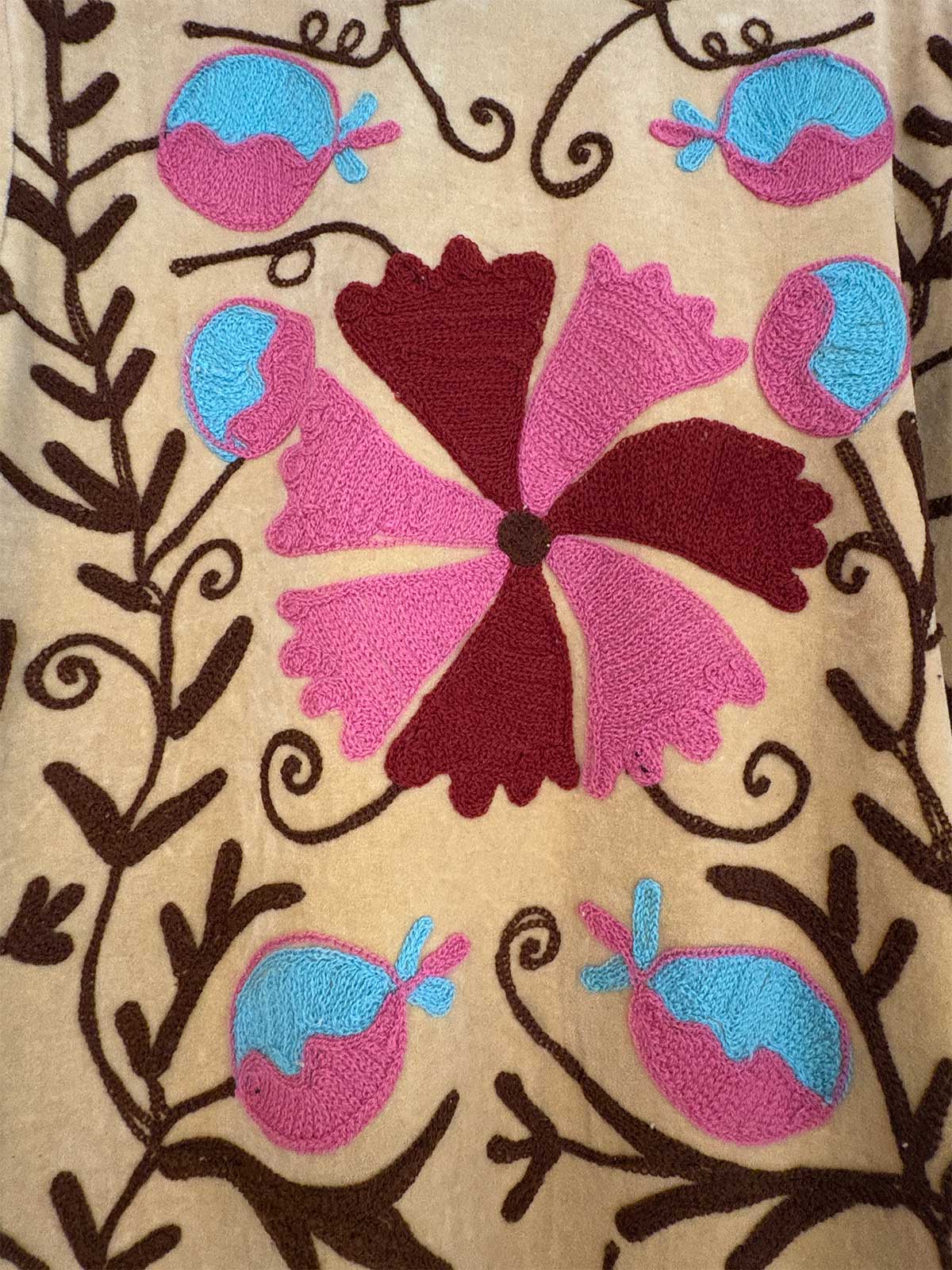 Pale Sand Long Velvet Suzani Embroidered Womens Coat - Light Blue, Pink & Red Pattern
