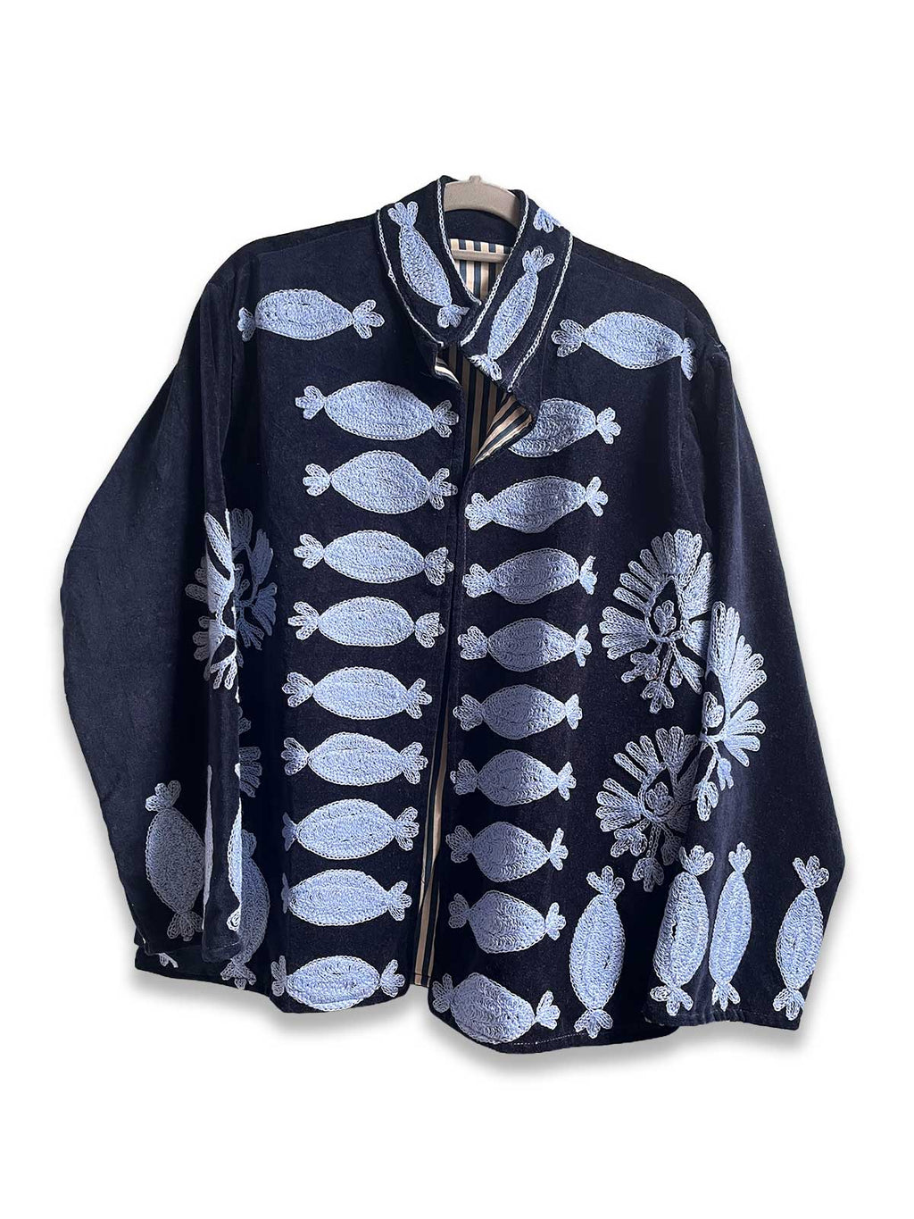 Navy Blue Velvet Suzani Embroidered Womens Jacket - Light Blue Pattern