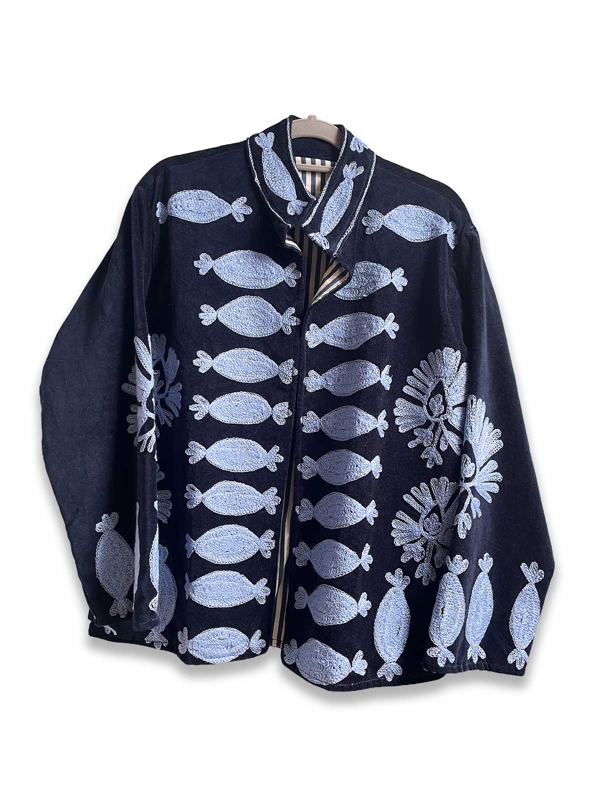 Navy Blue Velvet Suzani Embroidered Womens Jacket - Light Blue Pattern
