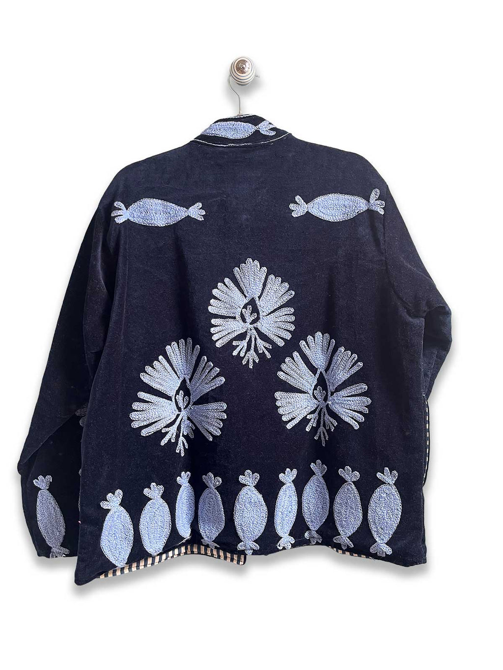 Navy Blue Velvet Suzani Embroidered Womens Jacket - Light Blue Pattern