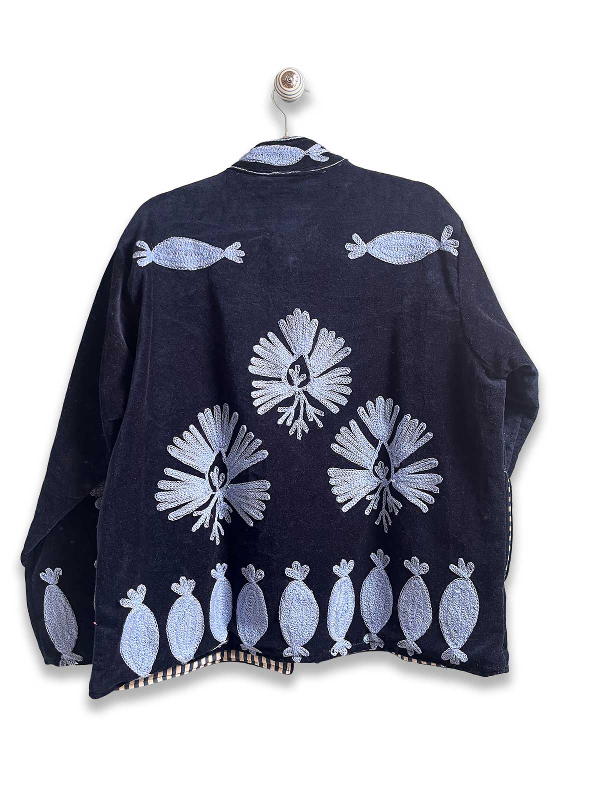 Navy Blue Velvet Suzani Embroidered Womens Jacket - Light Blue Pattern