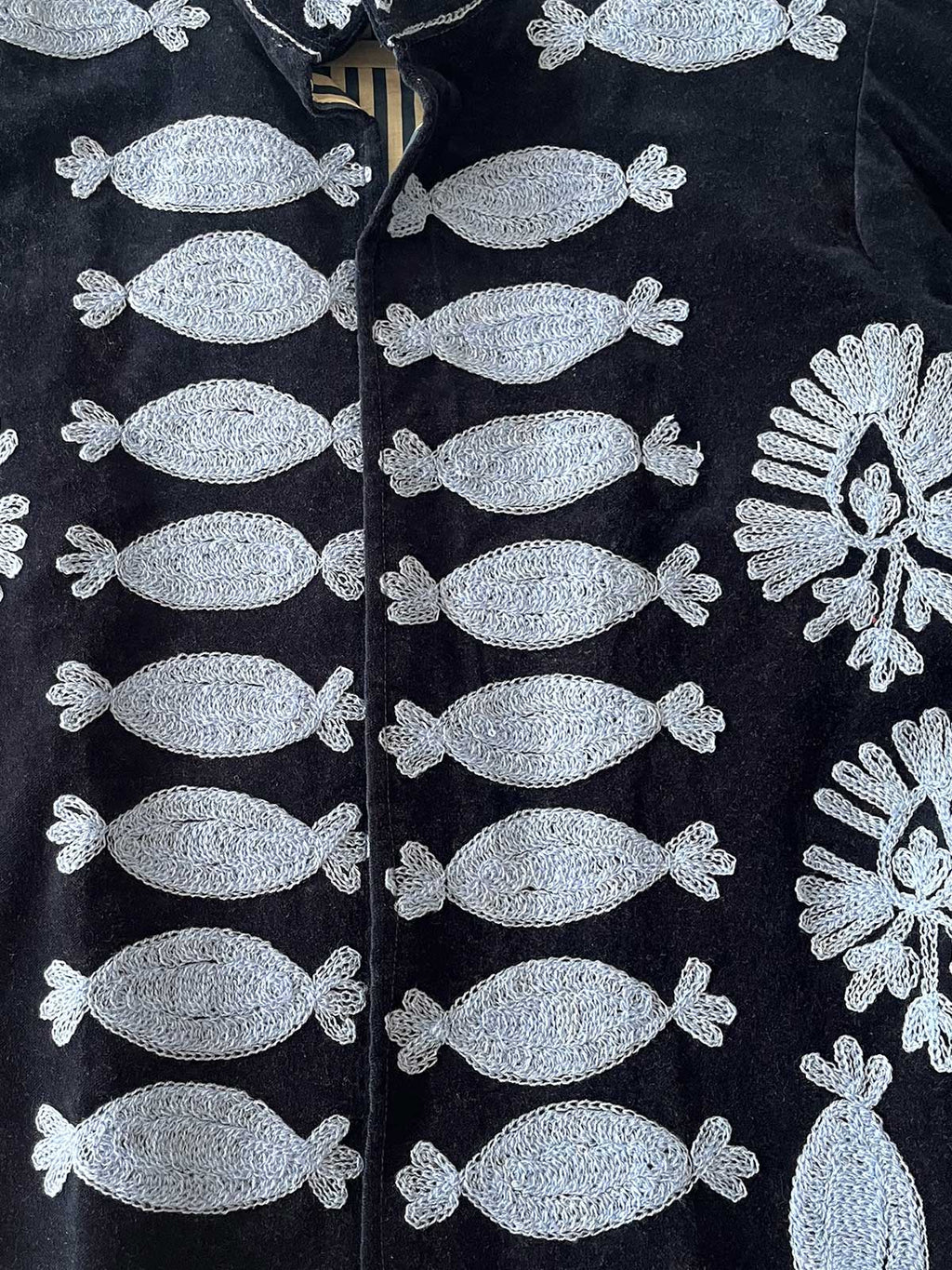 Navy Blue Velvet Suzani Embroidered Womens Jacket - Light Blue Pattern