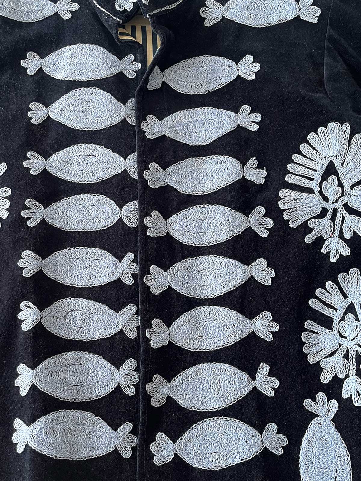 Navy Blue Velvet Suzani Embroidered Womens Jacket - Light Blue Pattern