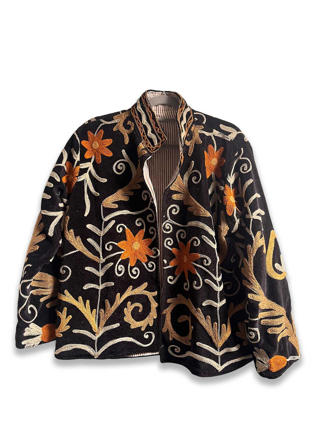 Black Velvet Suzani Embroidered Womens Jacket - Orange and Brown Floral Motif Pattern