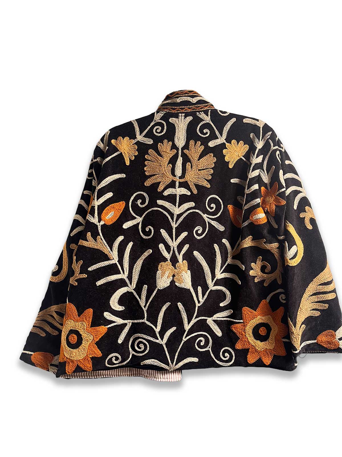 Black Velvet Suzani Embroidered Womens Jacket - Orange and Brown Floral Motif Pattern