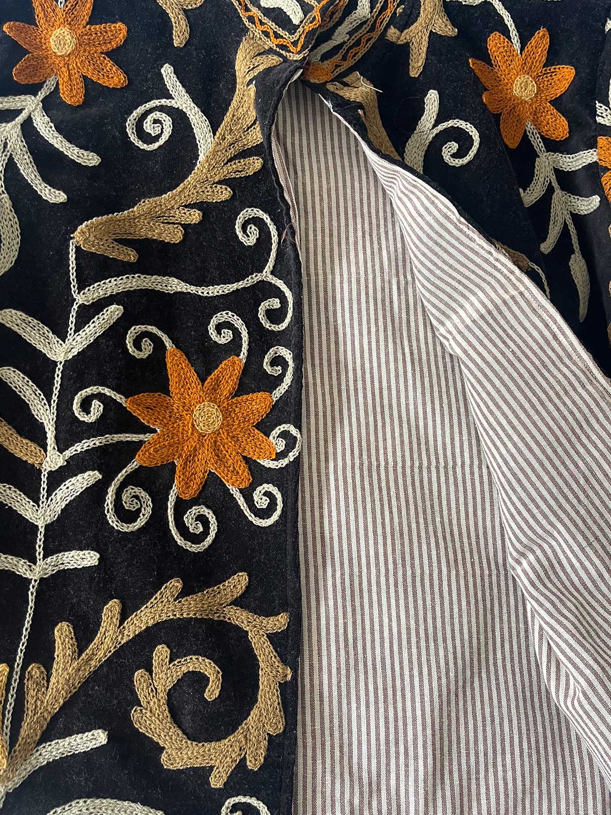 Black Velvet Suzani Embroidered Womens Jacket - Orange and Brown Floral Motif Pattern