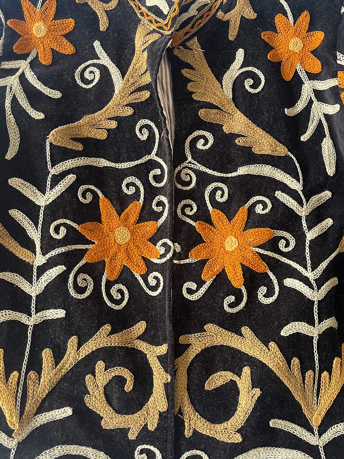Black Velvet Suzani Embroidered Womens Jacket - Orange and Brown Floral Motif Pattern