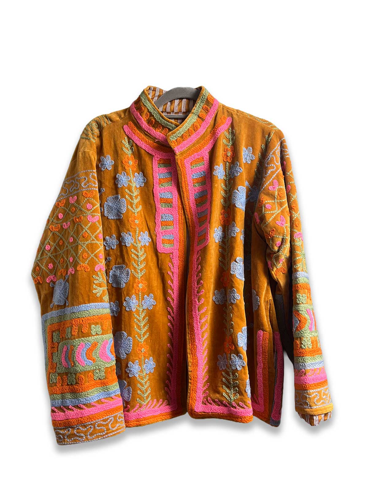 Mustard Yellow Velvet Suzani Embroidered Womens Jacket - Pale Blue & Pink Pattern