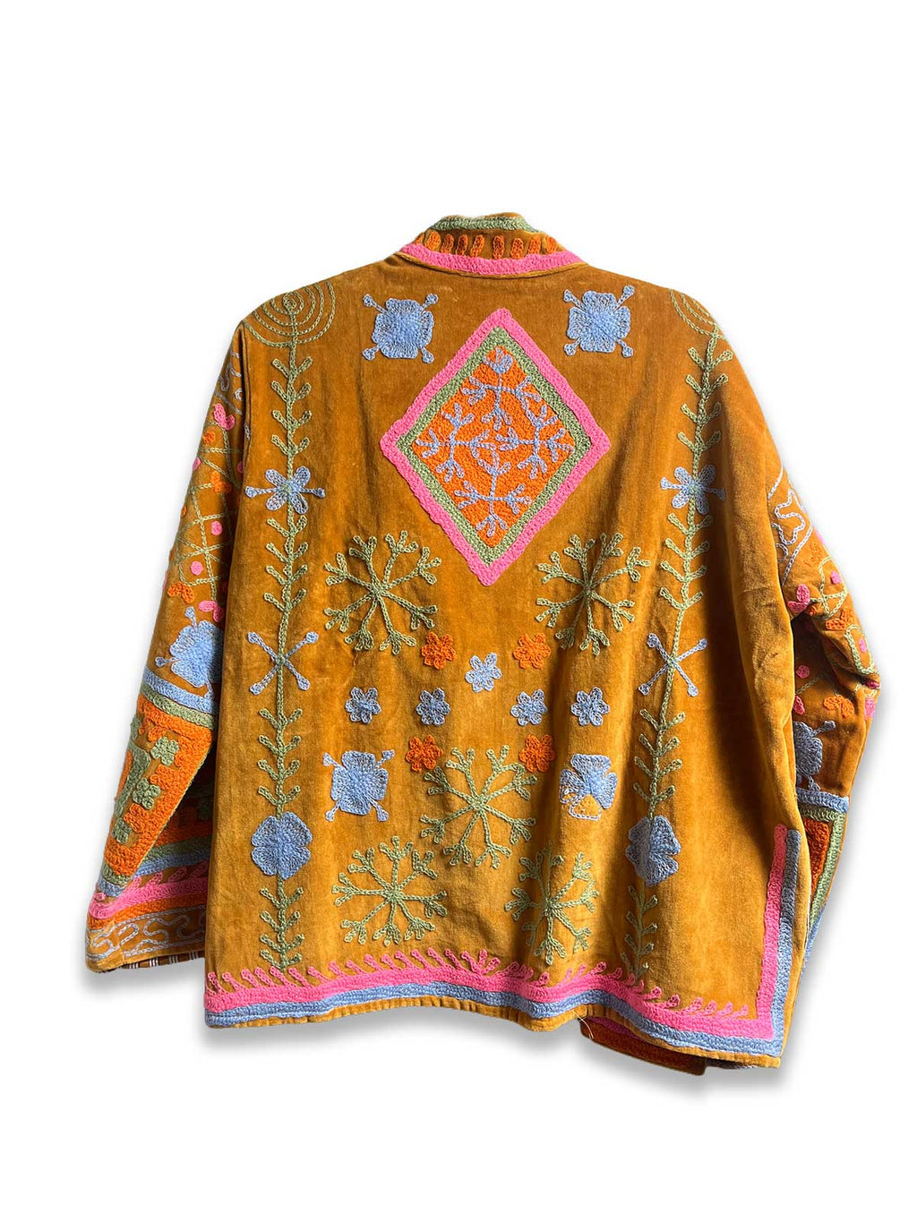 Mustard Yellow Velvet Suzani Embroidered Womens Jacket - Pale Blue & Pink Pattern