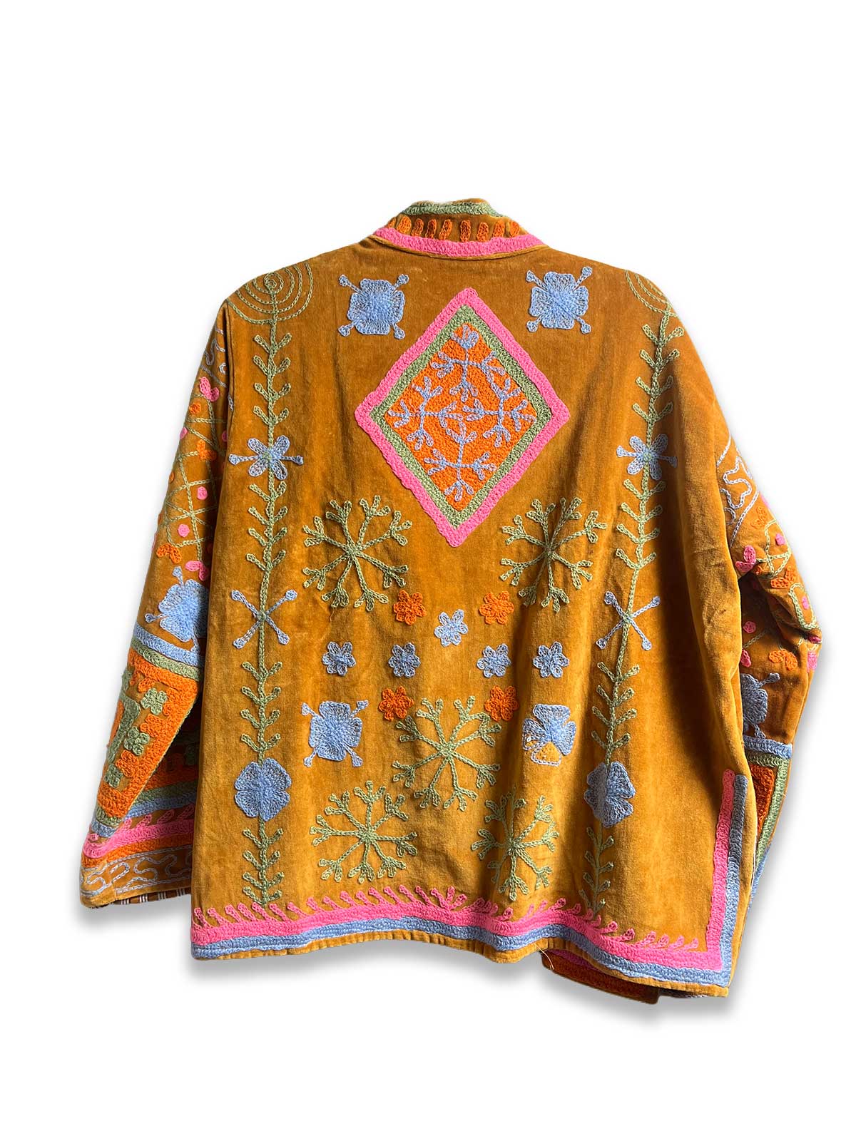 Mustard Yellow Velvet Suzani Embroidered Womens Jacket - Pale Blue & Pink Pattern