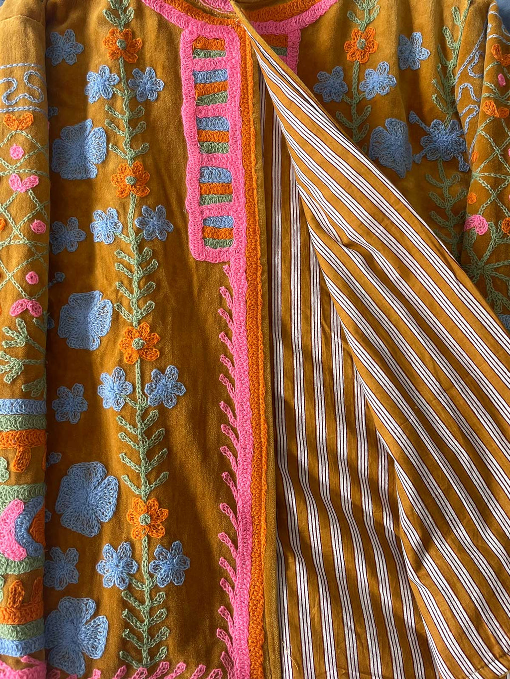 Mustard Yellow Velvet Suzani Embroidered Womens Jacket - Pale Blue & Pink Pattern