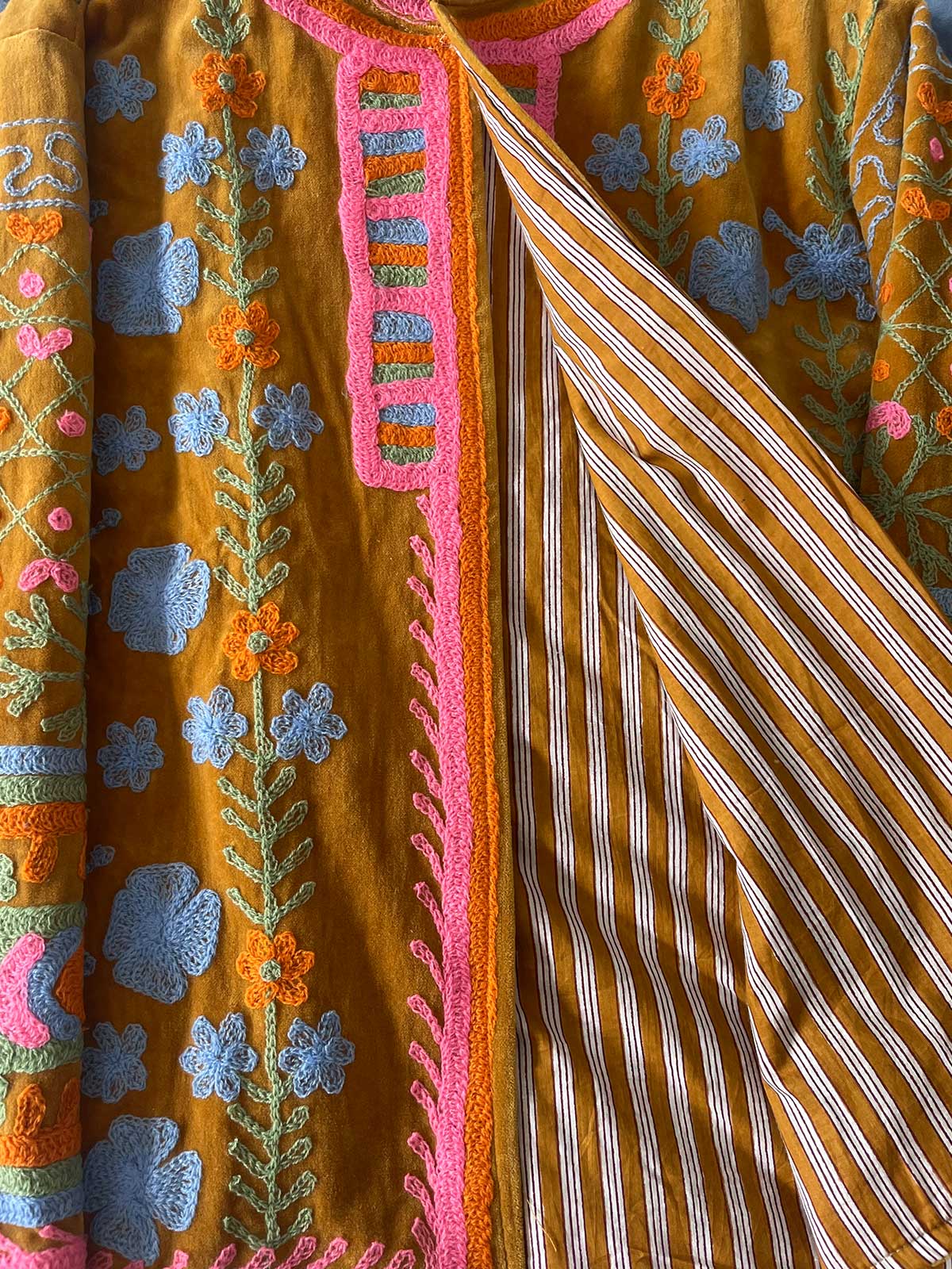 Mustard Yellow Velvet Suzani Embroidered Womens Jacket - Pale Blue & Pink Pattern