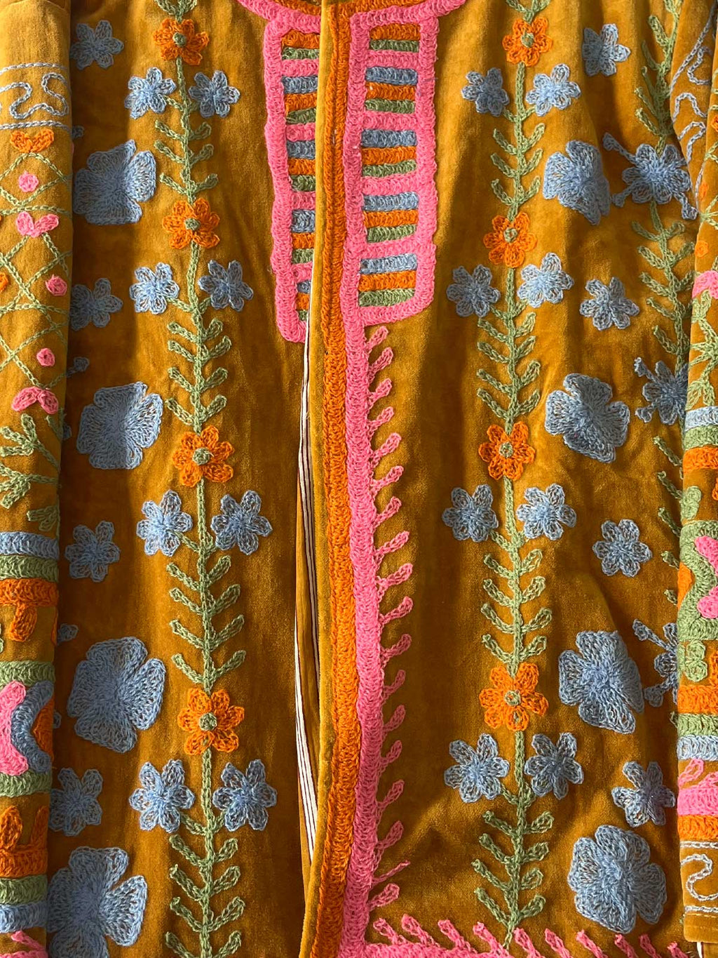 Mustard Yellow Velvet Suzani Embroidered Womens Jacket - Pale Blue & Pink Pattern