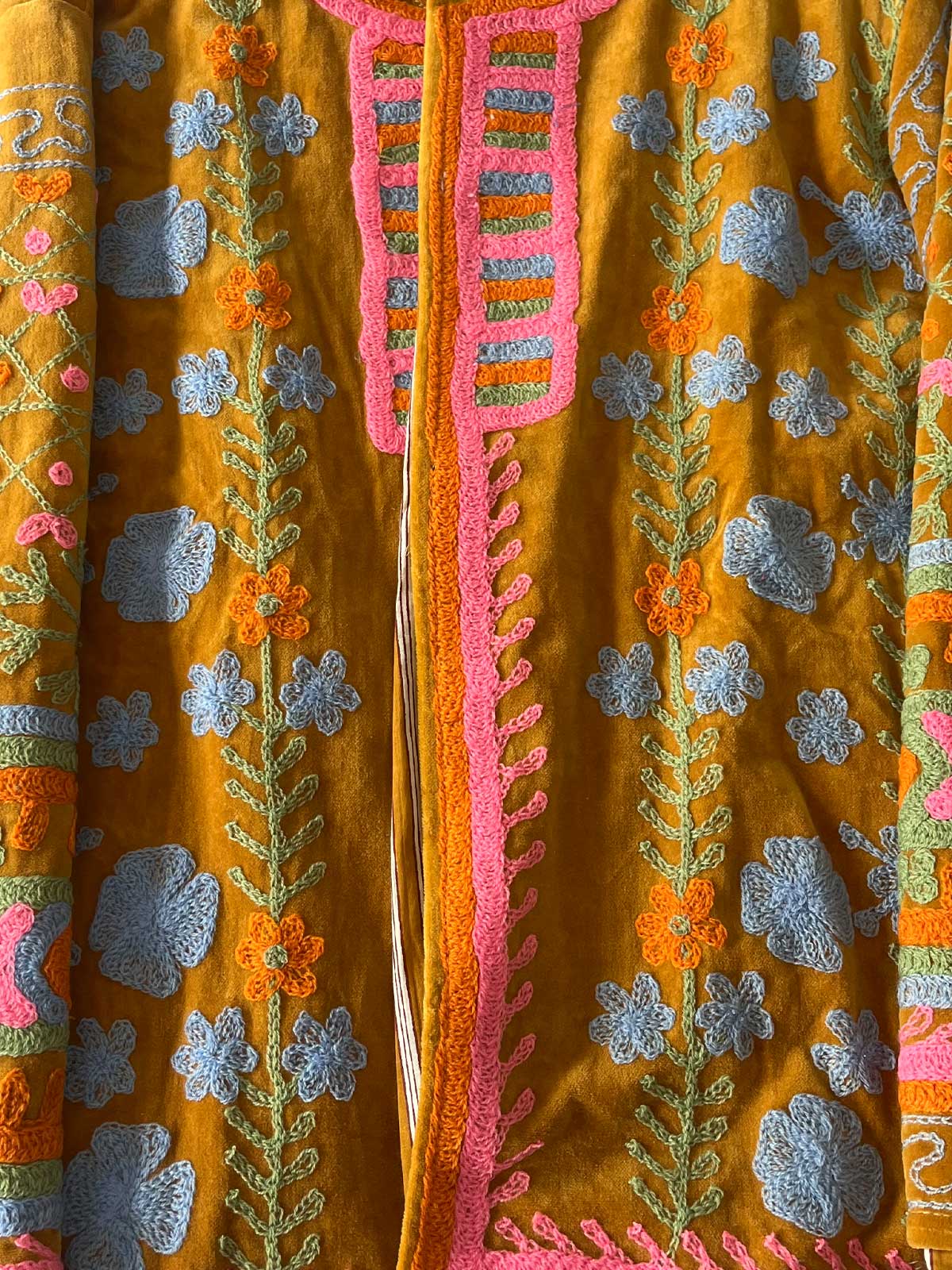 Mustard Yellow Velvet Suzani Embroidered Womens Jacket - Pale Blue & Pink Pattern