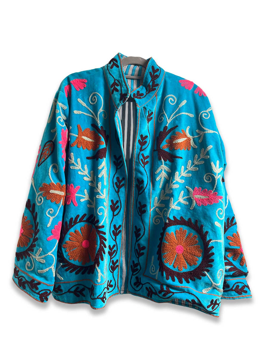 Azure Blue Velvet Suzani Embroidered Womens Jacket - Pink, White & Brown Floral Motif Pattern