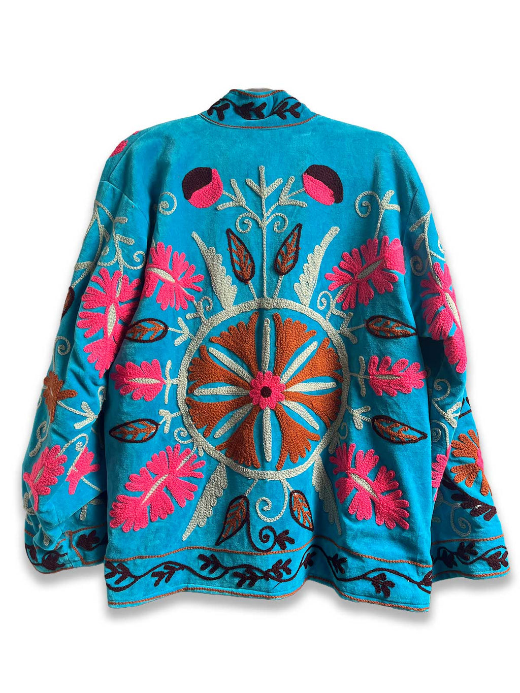 Azure Blue Velvet Suzani Embroidered Womens Jacket - Pink, White & Brown Floral Motif Pattern