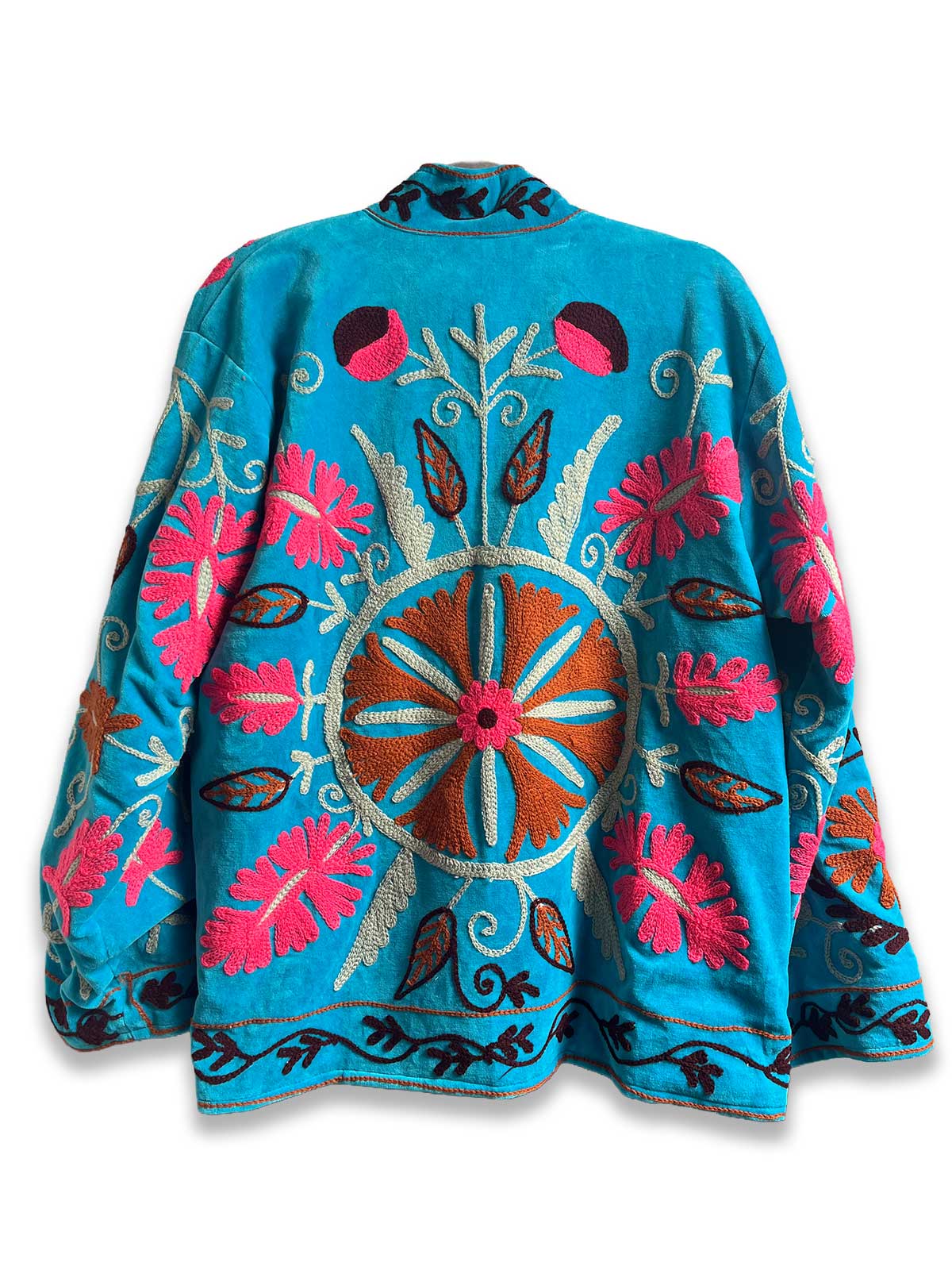 Azure Blue Velvet Suzani Embroidered Womens Jacket - Pink, White & Brown Floral Motif Pattern