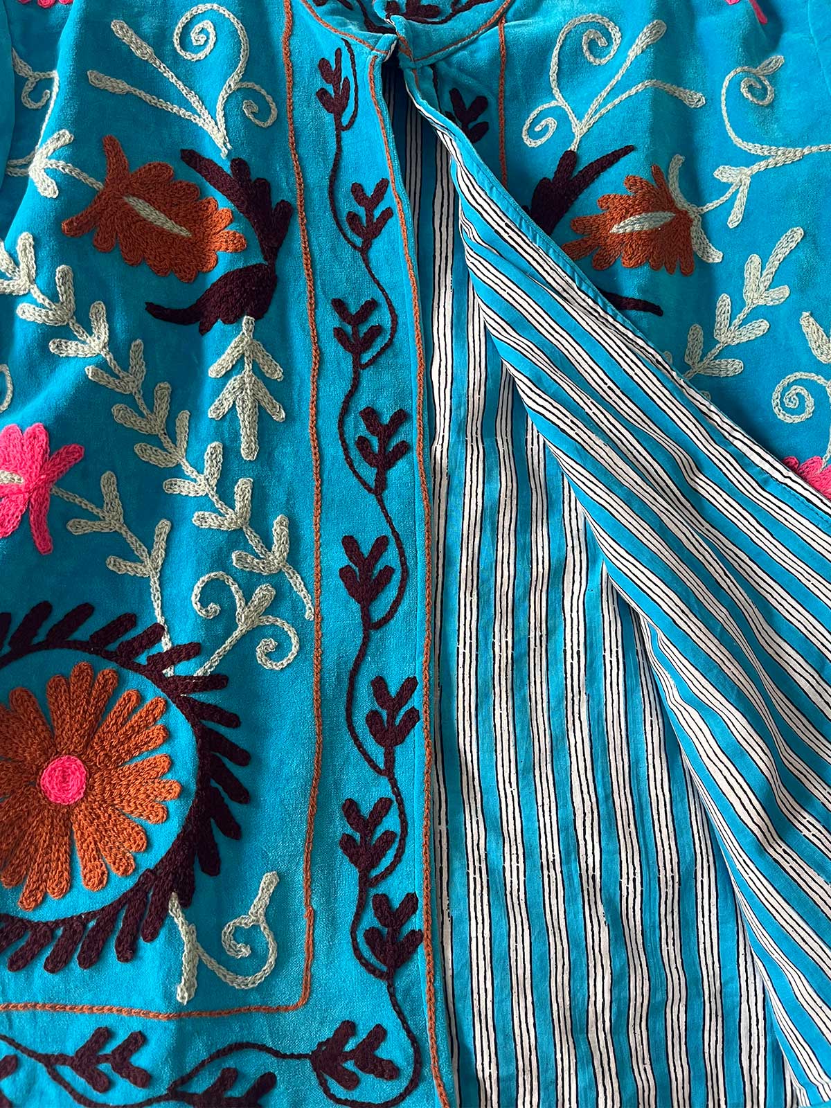 Azure Blue Velvet Suzani Embroidered Womens Jacket - Pink, White & Brown Floral Motif Pattern