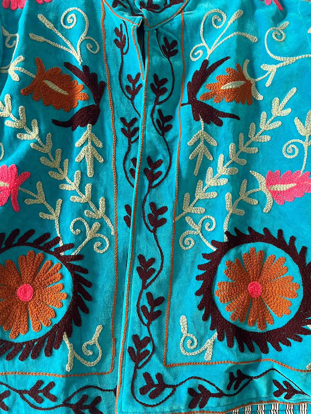 Azure Blue Velvet Suzani Embroidered Womens Jacket - Pink, White & Brown Floral Motif Pattern